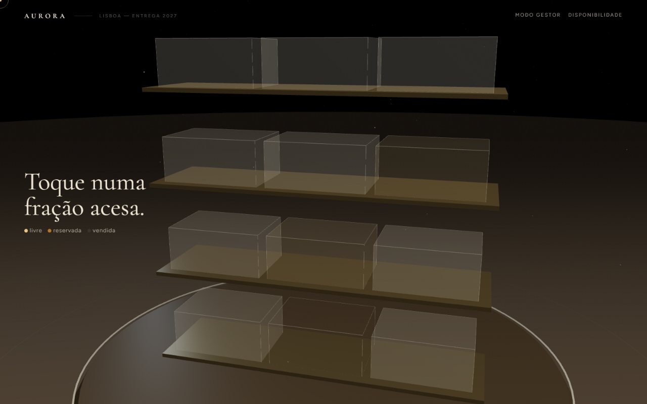 Maquete digital: o edifício em 3D, andar a andar, com cada fração marcada como livre, reservada ou vendida